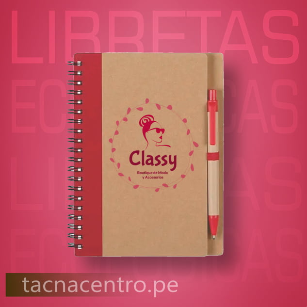 modelo de libreta ecologica con lapicero y post it personalizados con logo tapa color rojo
