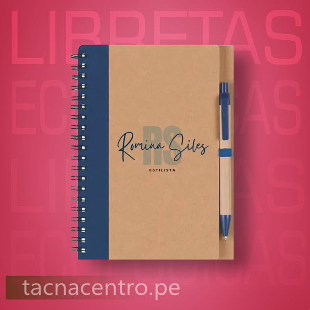 modelo de libreta ecologica con lapicero y post it personalizados con logo tapa color azul