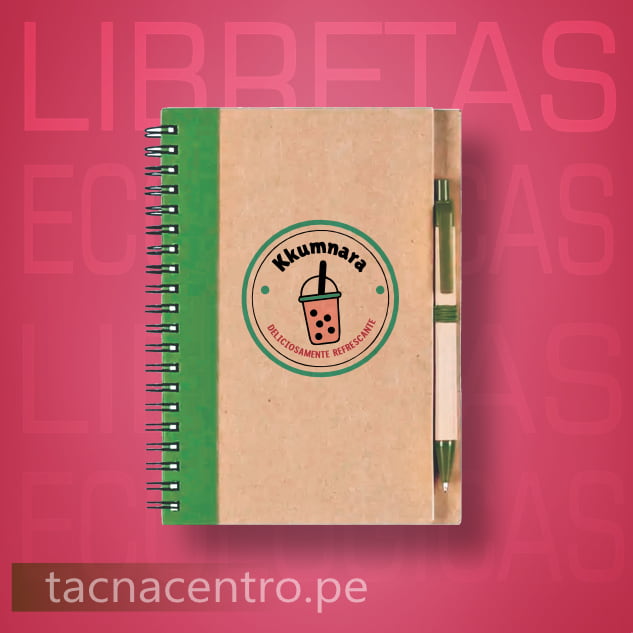 modelo de libreta ecologica con lapicero y post it personalizados con logo tapa color verde