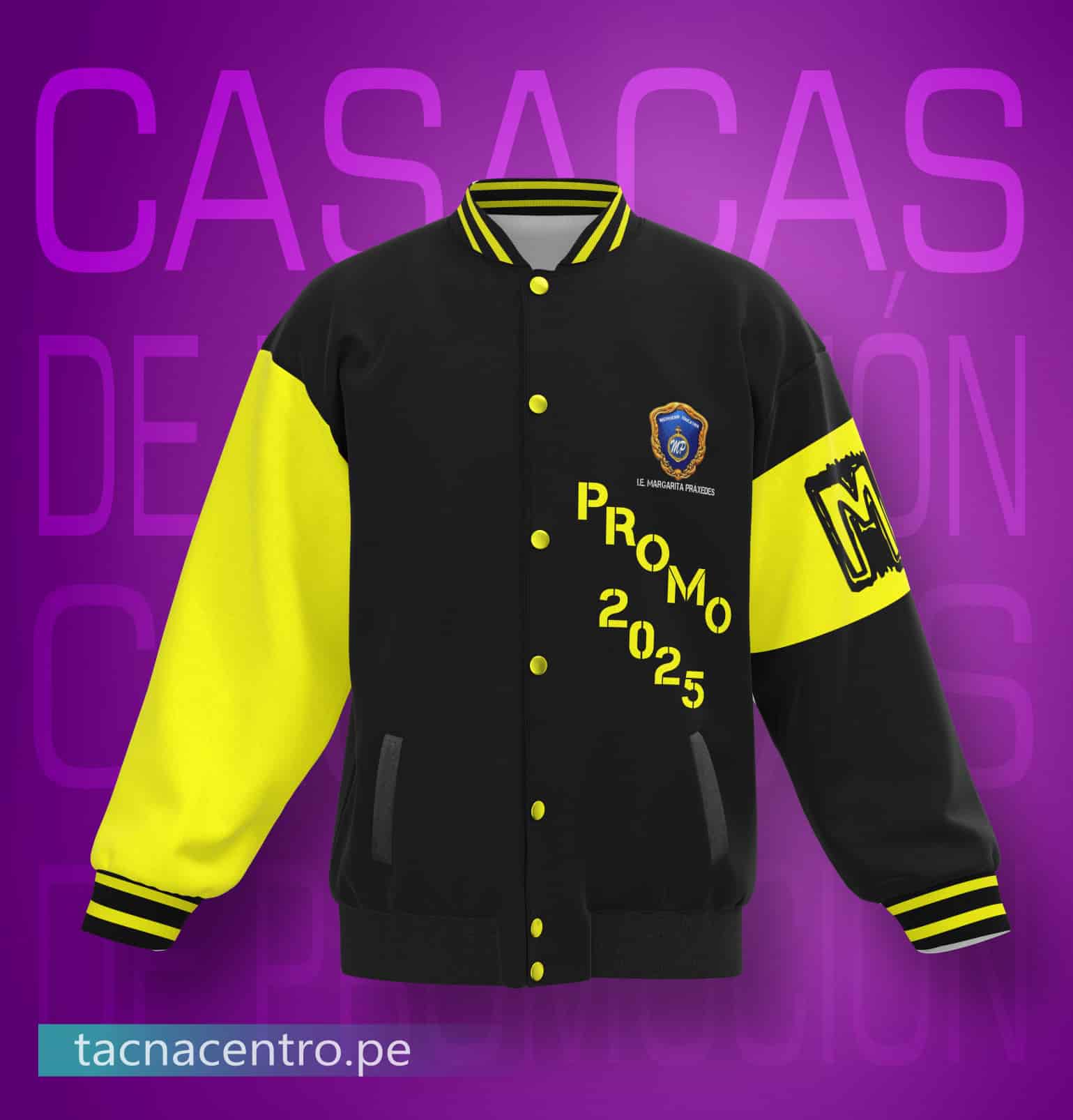 modelos de casacas de promocion americanas bicolor de colegios personalizadas con diseños modernos e insignia bordada en el pecho y lema estampado