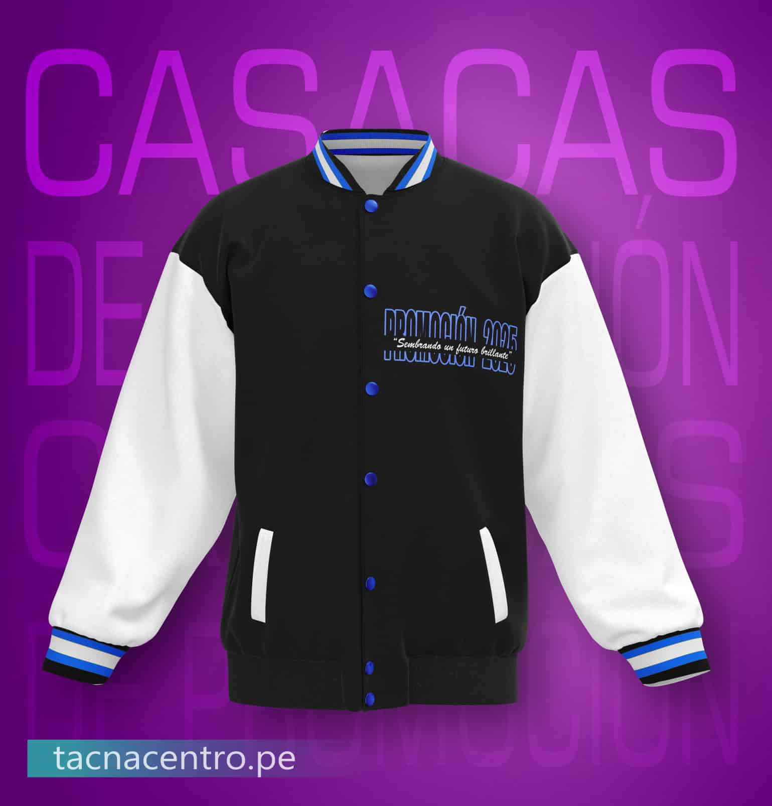 modelos de casacas de promocion americanas para colegios diseños originales personalizados, estilo clasico bicolor con insignia bordad y lema estampado en el pecho
