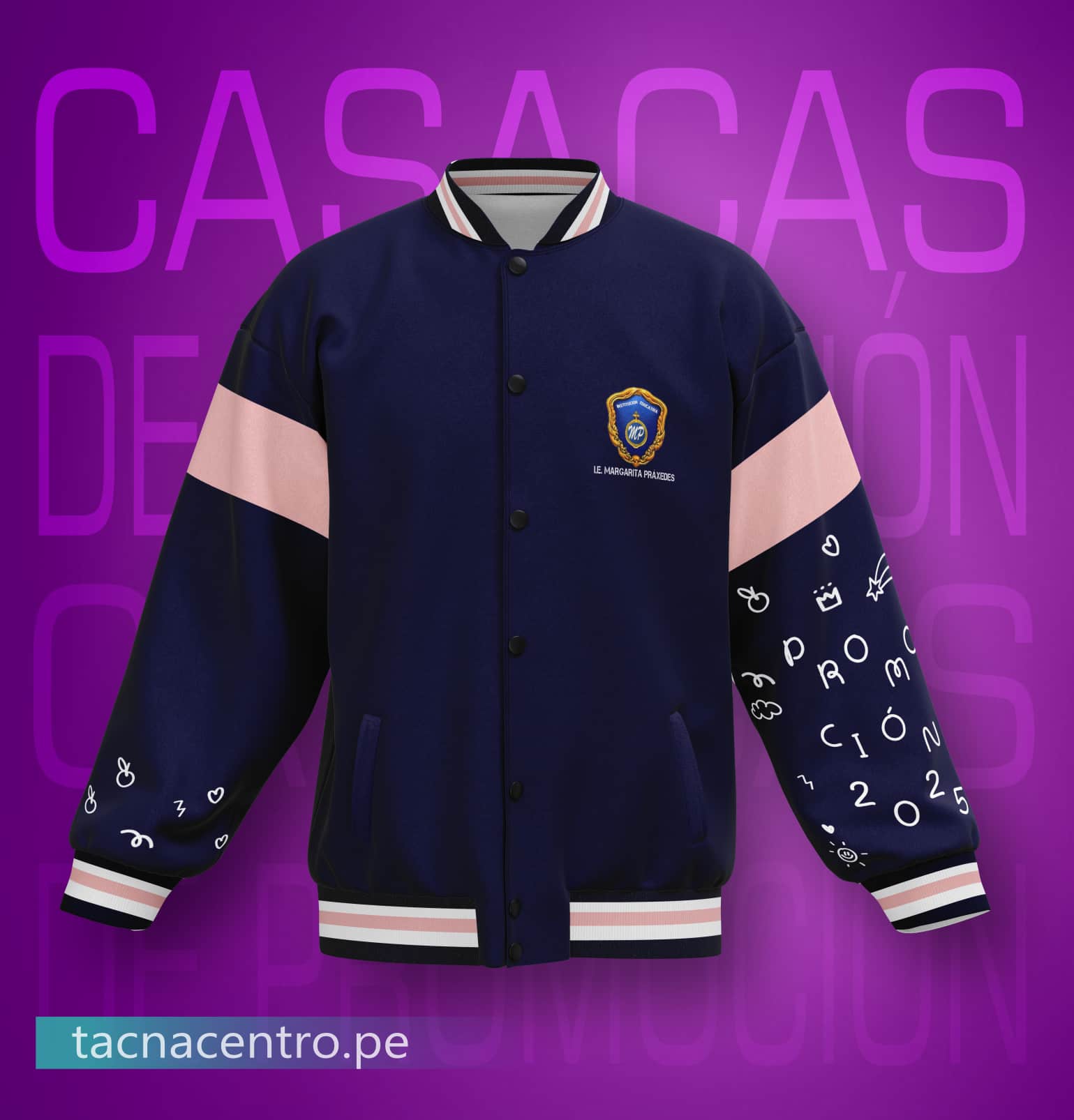modelos de casacas de promocion americanas para colegios, diseño moderno personalizado con detalles originales en las mangas, corte bicolor e insginia bordad en el pecho