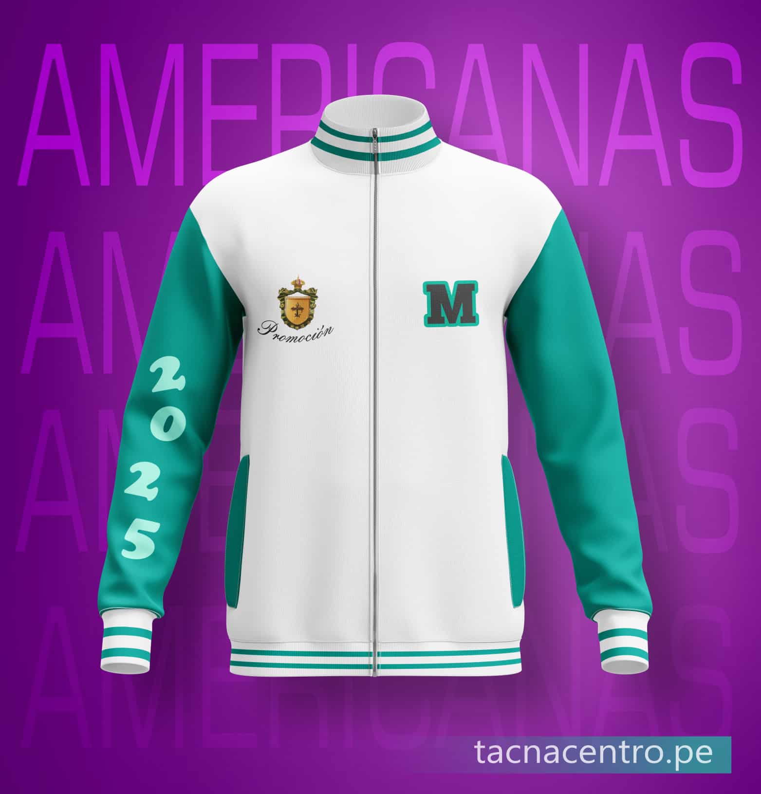 modelos de casacas de promocion americanas personalizadas color blanco y verde jade con diseño original detalles bordados y estampados