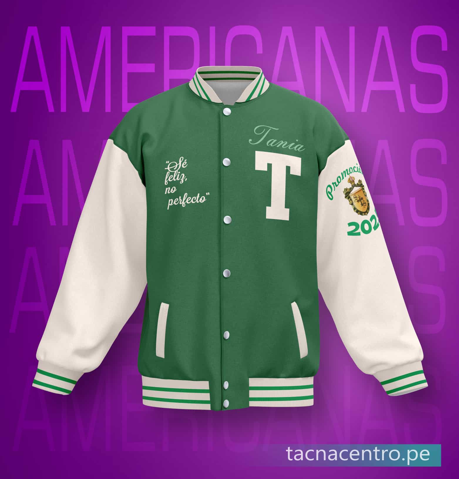 modelos de casacas de promocion americanas personalizadas color verde y blanco, insignia de colegio bordad en la manga y detalles estampados en el pecho