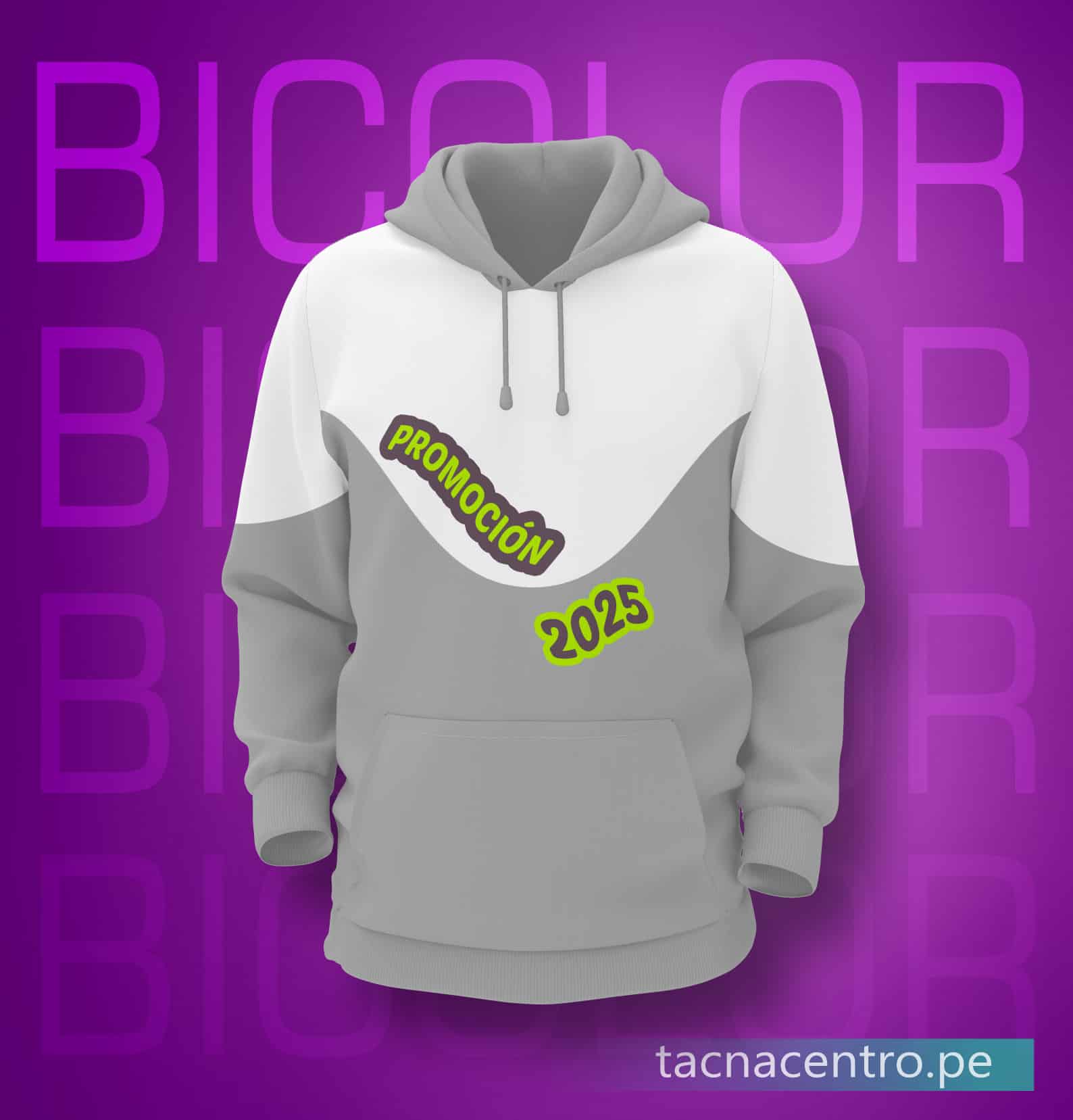 modelos de casacas - poleras de promocion estilo bicolor plomo y blanco con capucha, bolsillos canguro, diseño corte de tela personalizado con lema de colegio estampado en el pecho