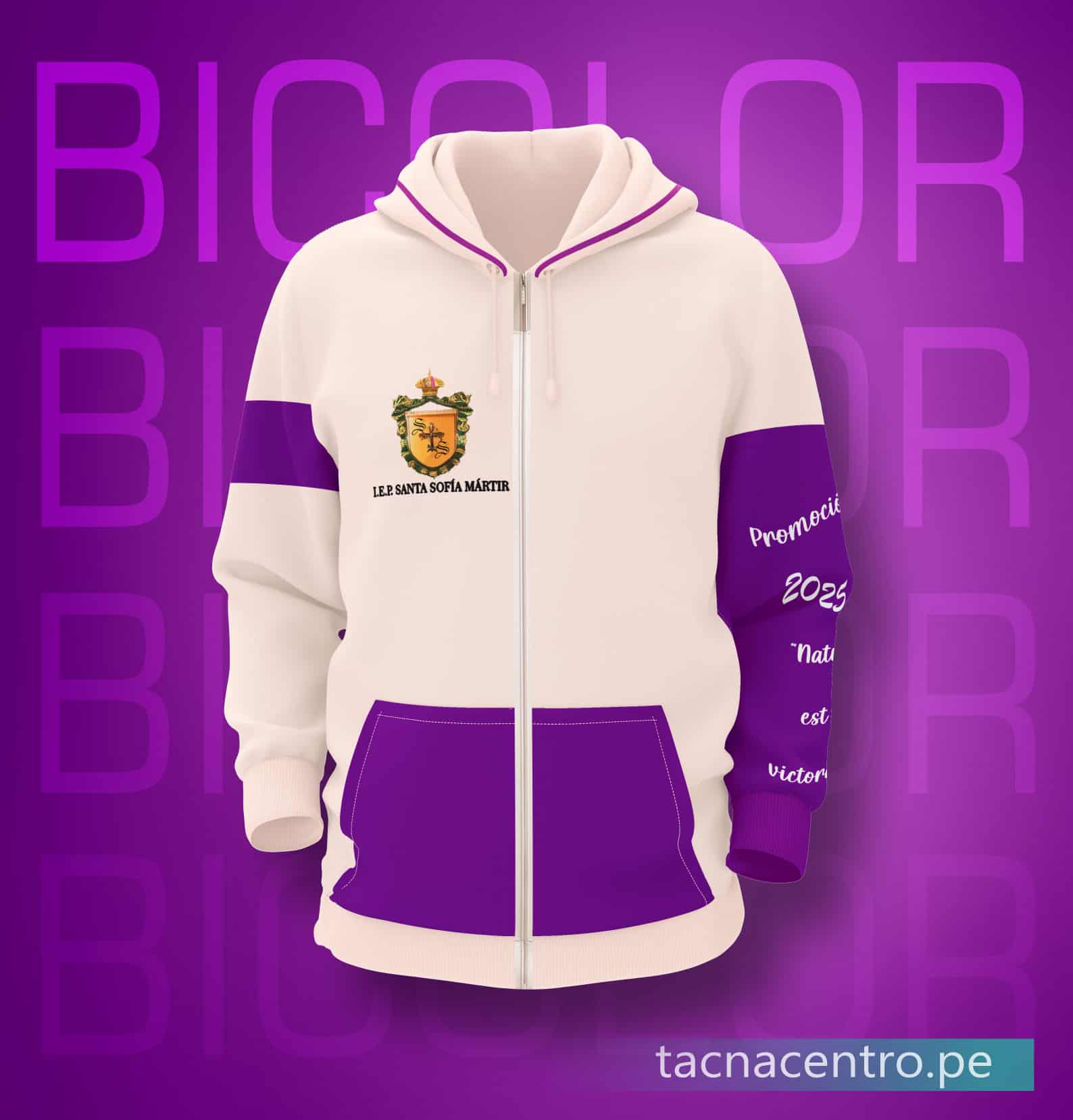 modelos de casacas - poleras de promocion estilo bicolor morado y rosa, capucha y bolsillos cangurocon diseño personalizado, detalles estampados en las mangas e insignia de colegio bordado en el pecho