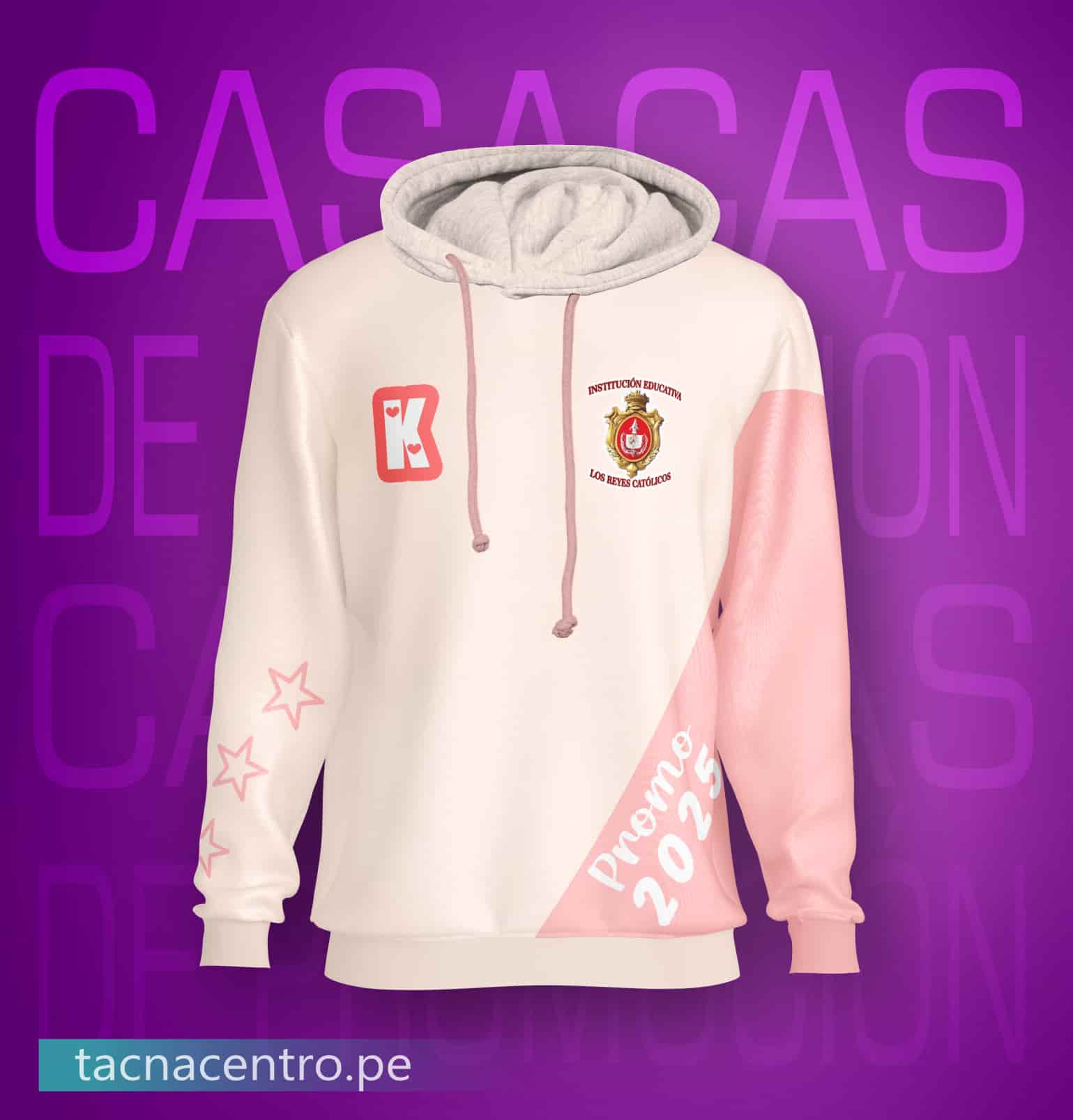modelos de poleras de promocion coreanas bicolor para colegios personalizado con diseño moderno detalle de estrellas en las mangas, tela bicolor con logo e inicial de nombre bordado en el pecho y capucha