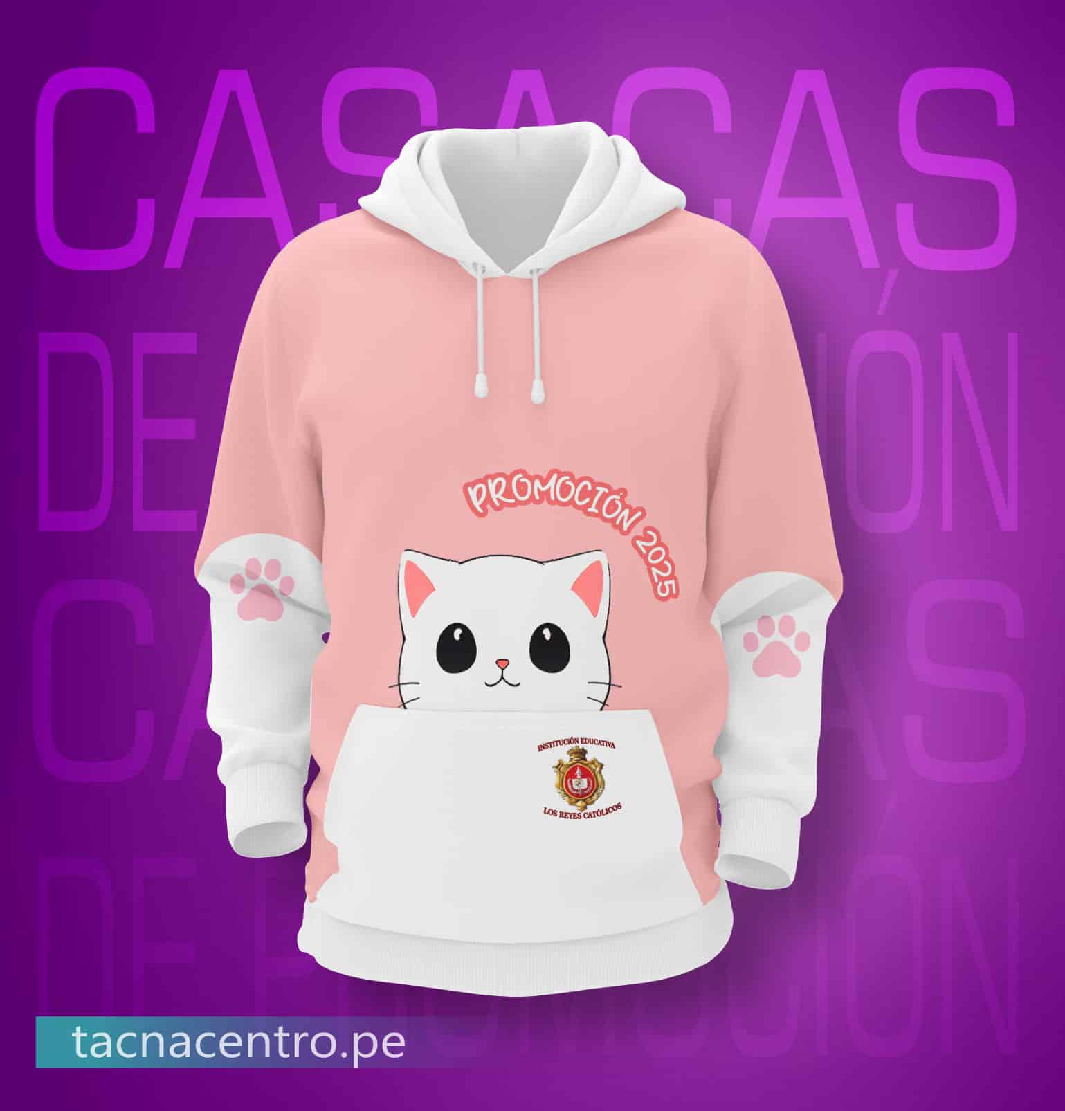 modelos de poleras de promocion urbanas bicolor para colegios personalizadas con diseños kawai coreano con imagen de gato y huellas de gato estampadas en el pecho y mangas, insignia bordado en el bolsillo canguro, con capucha