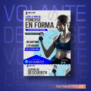 ejemplos de volantes publicitarios y flyer para gimnasios para deporte con diseño personalizado orientacion vertical y con desglose o prepicado inferior - imprenta online tacna centro peru