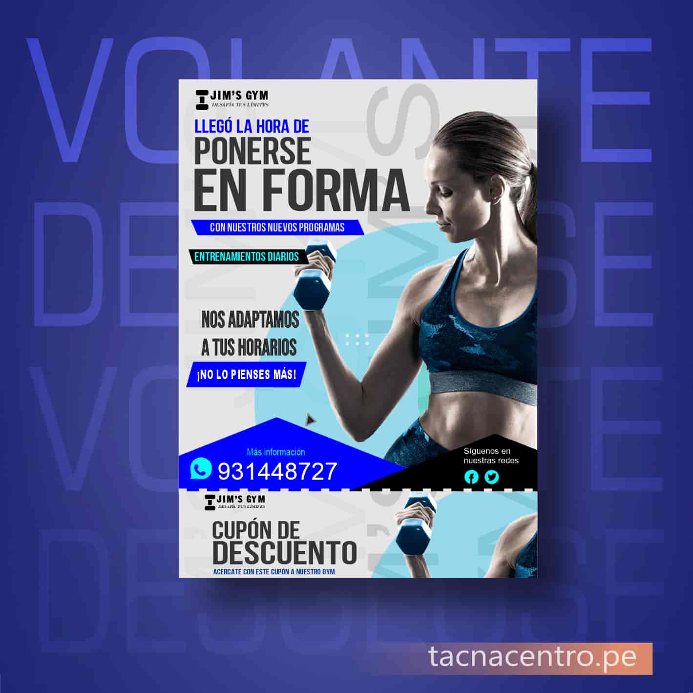 ejemplos de volantes publicitarios y flyer para gimnasios para deporte con diseño personalizado orientacion vertical y con desglose o prepicado inferior - imprenta online tacna centro peru