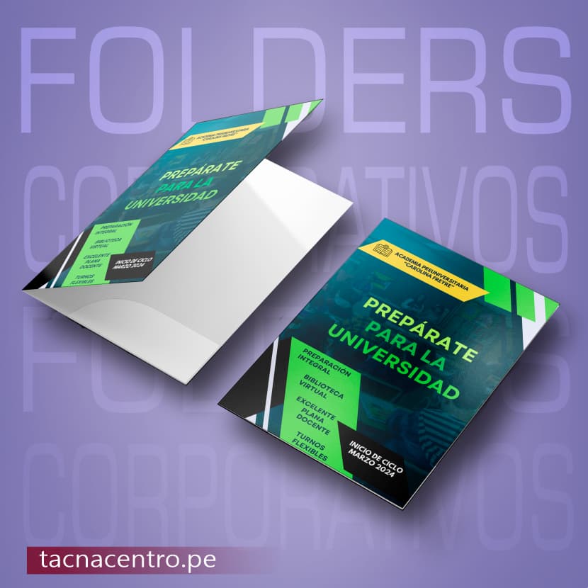 impresion de carpetas publicitarias creativas modelo personalizado full color acabado brillante tamaño oficio con bolsillos para academia proveedores por mayor tacna centro peru