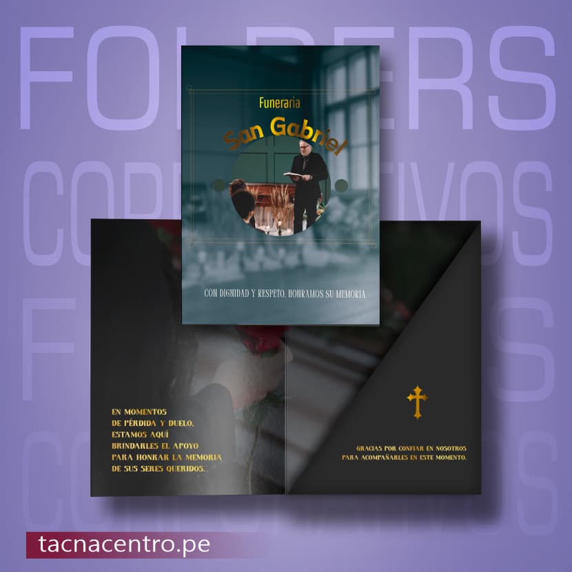 impresion de folders corporativos modelo personalizado full color tamaño oficio acabate mate y hot stamping para funeraria proveedores por mayor tacna centro peru