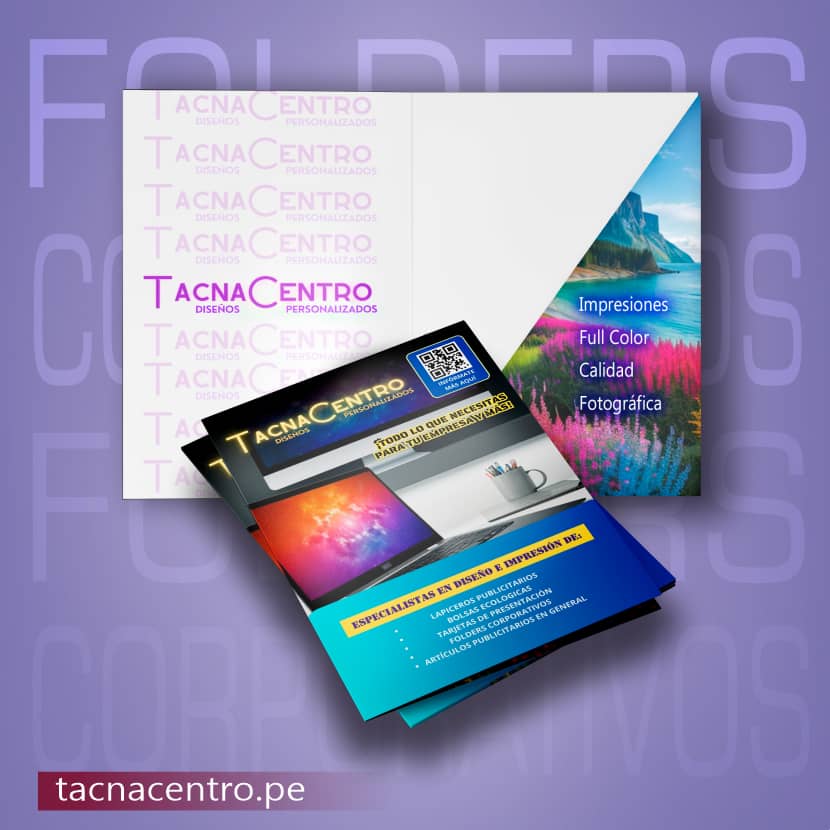impresion de folders corporativos modelo personalizado full color tamaño oficio acabado mate y sectorizado bolsillo solapa diagonal proveedores por mayor tacna centro peru