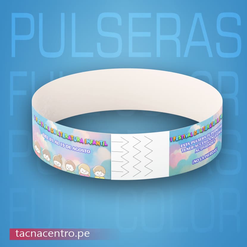 pulseras de papel tyvek con impresion full color para evento de literatura infantil - venta precios por mayor-proveedores-tacna-centro peru
