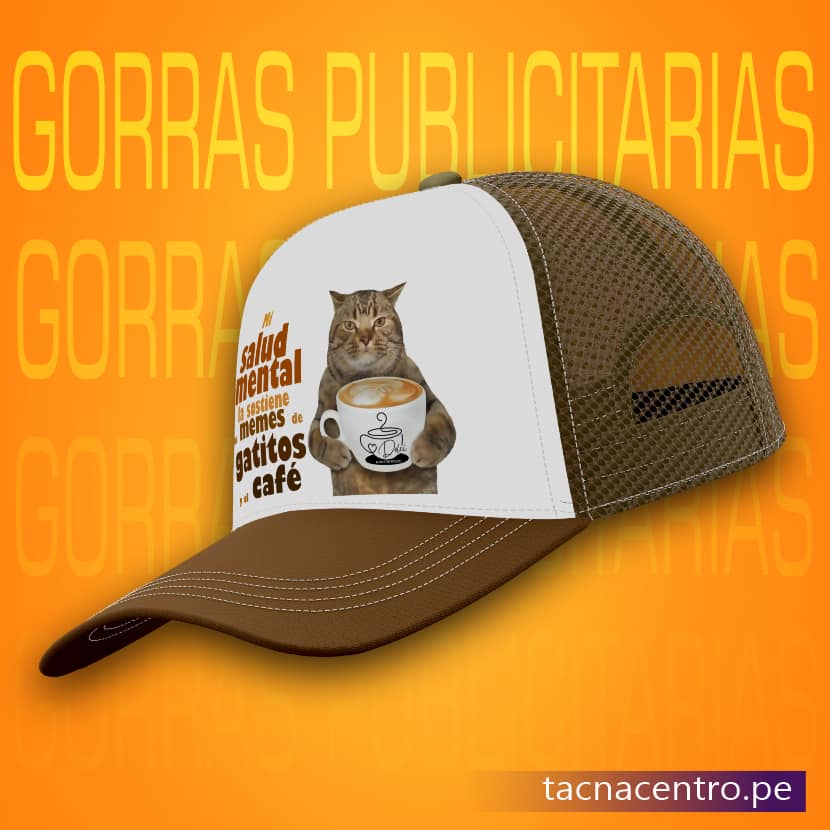 gorra publicitaria con malla color cafe modelo camionero con diseño sublimado tacna centro peru