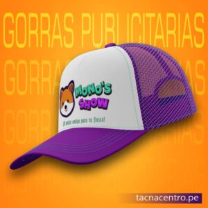 gorra publicitaria con malla color lila modelo camionero con diseño sublimado tacna centro peru