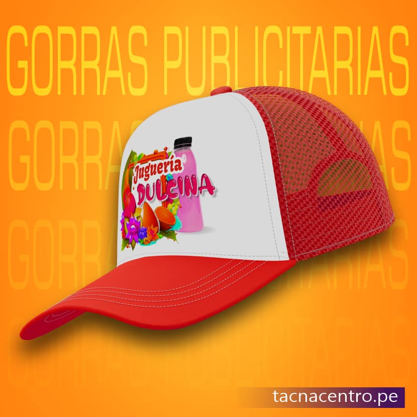 gorra publicitaria con malla color rojo modelo camionero con diseño sublimado tacna centro peru