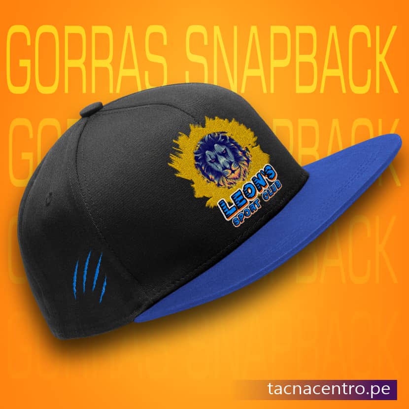 gorra publicitaria de drill modelo snpaback color negro y azul diseño bordado tacna centro peru