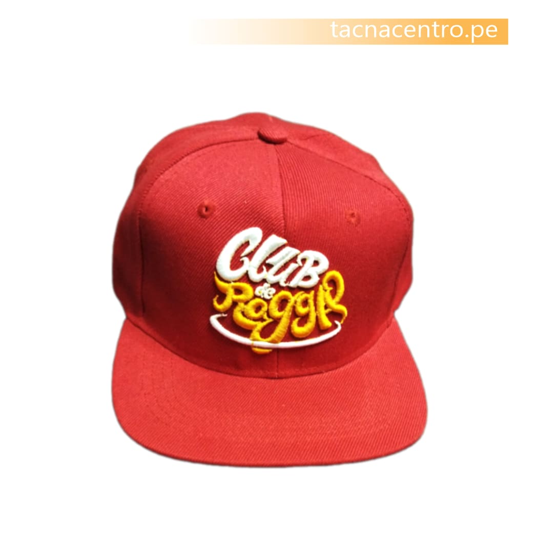 gorra publicitaria drill modelo snapback color rojo con diseño bordado tacna centro peru