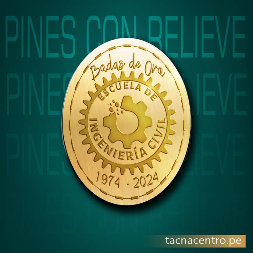 pin metalico dorado con grabado relieve y troquelado tacna centro peru