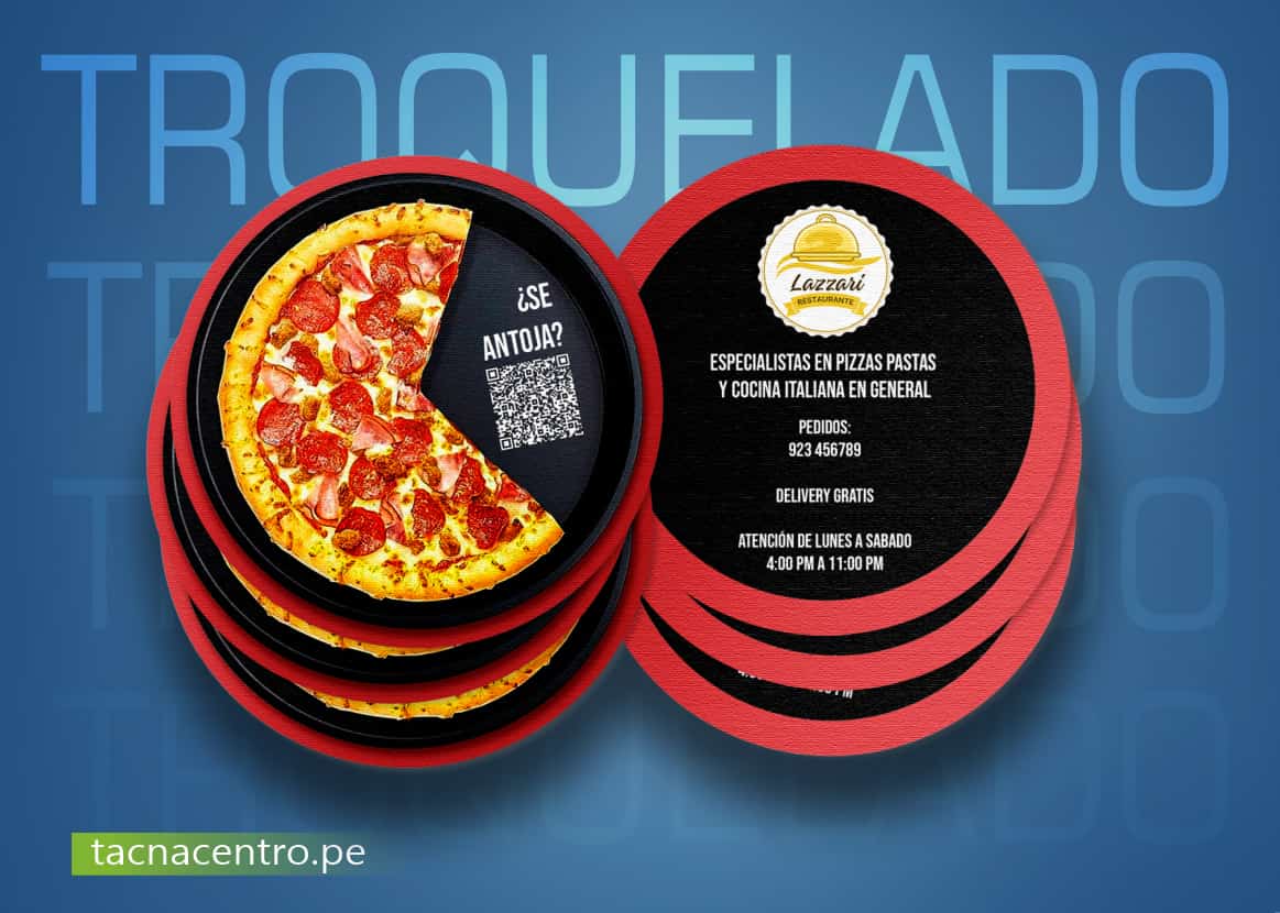 tarjeta troquelada de presentacion elegante para restaurante comida pizza color rojo tacna centro peru